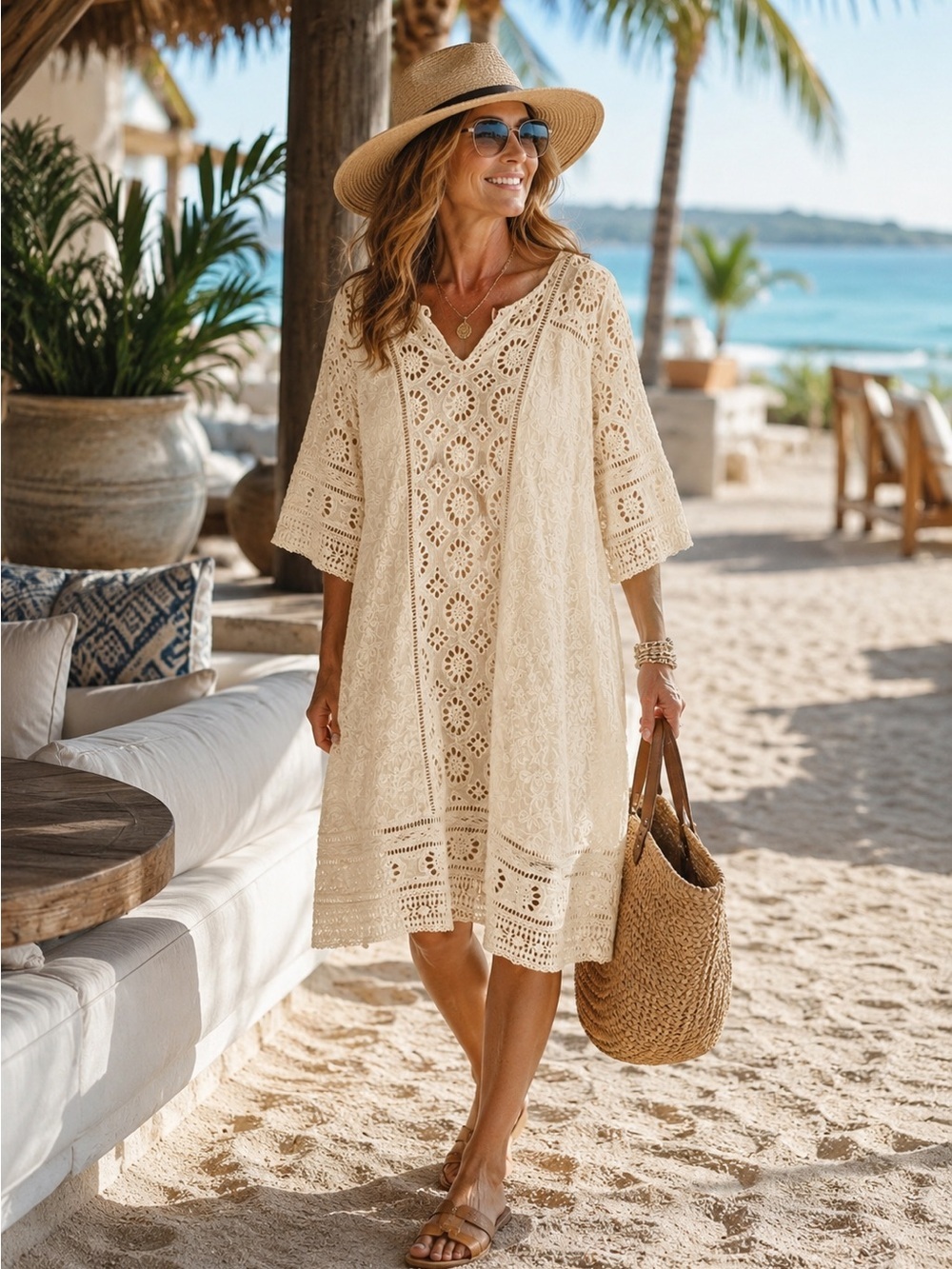 Sundance Size 16 Ivory Eyelet Lace Embroidered Cotton Shift Dress Boho Lined